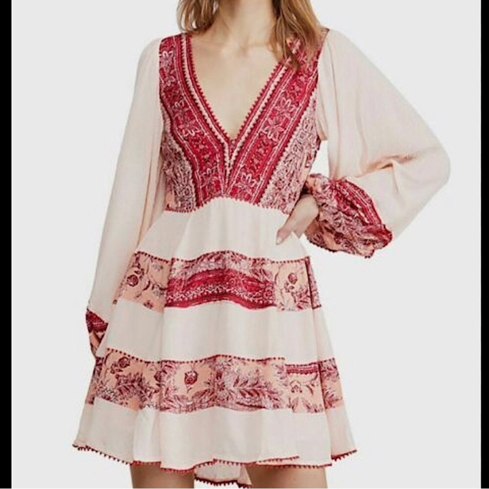 Free People My Love Mini Dress in Tea Color Combo Floral Print Embroidered Sz XS